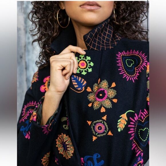 NWT Emily Lovelock Deborah Coat Black Embroidered Floral Love Size SM Wool Blend - Picture 3 of 16
